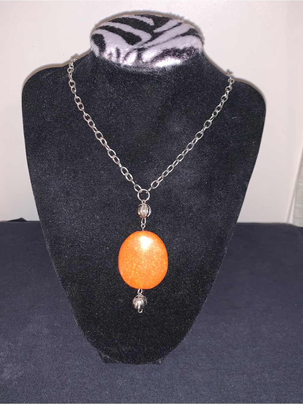 Silver Chain Necklace with Bright Orange Oval Pendant